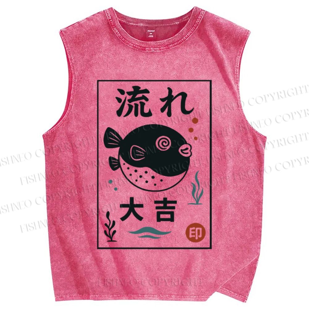 Unisex Vintage Japanese Fish  Printed Washed Tank Top