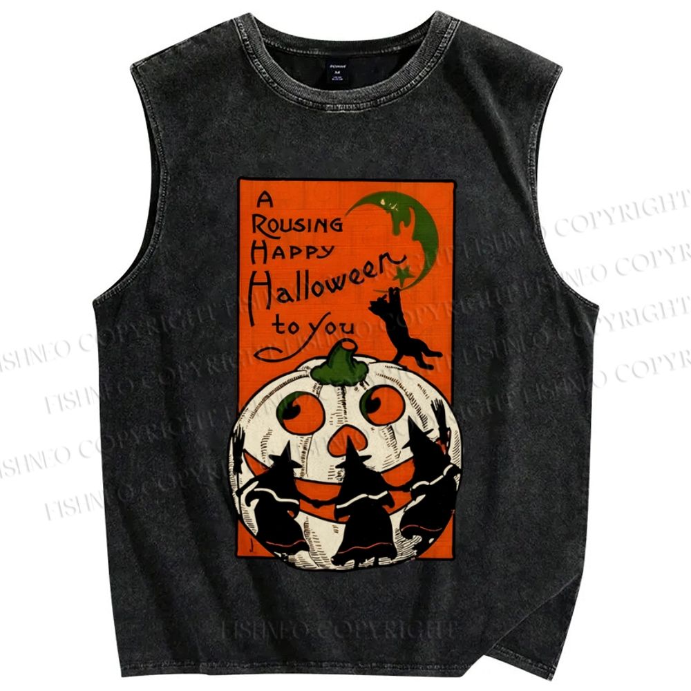 Unisex Vintage Halloween Pumpkin Printed Washed Tank Top