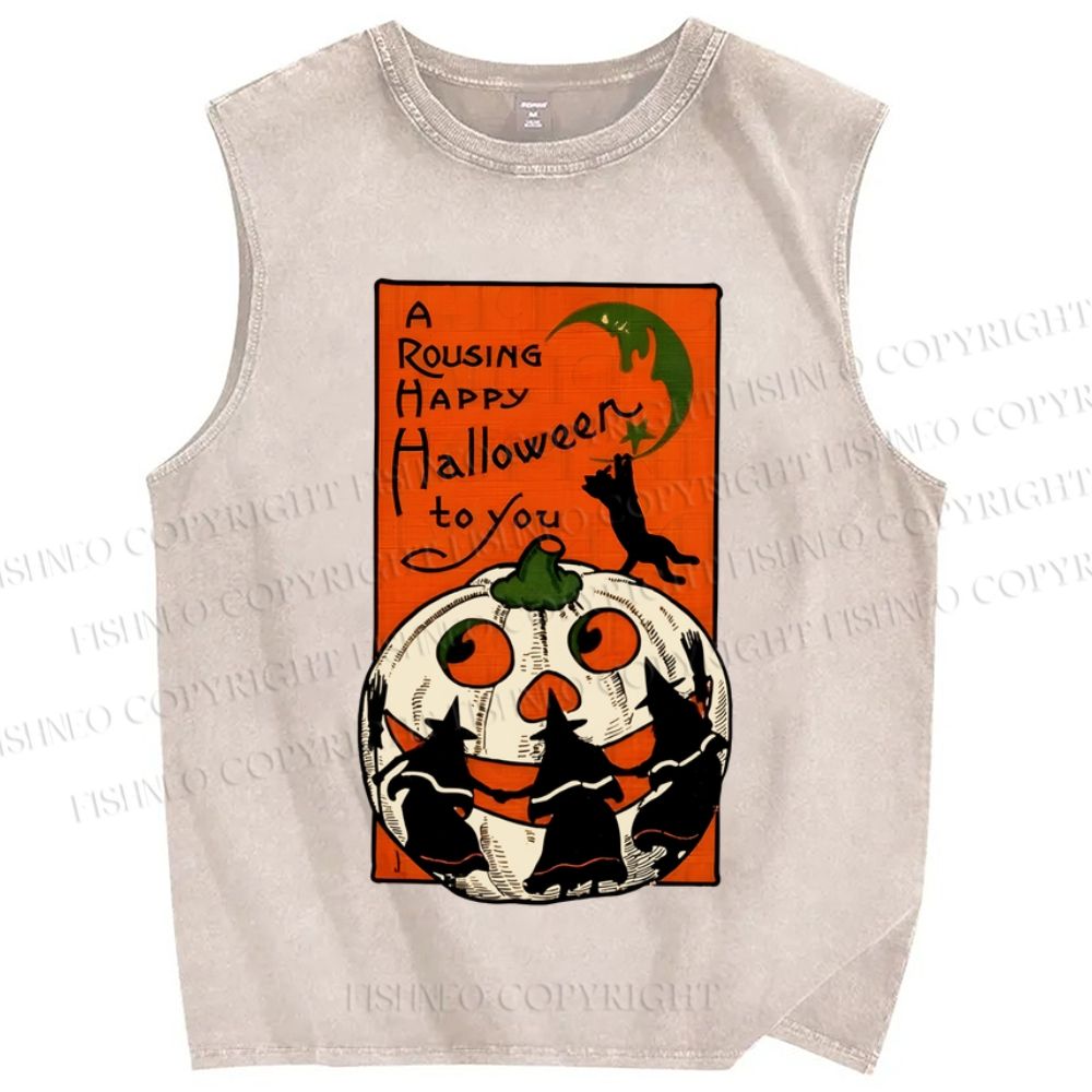 Unisex Vintage Halloween Pumpkin Printed Washed Tank Top