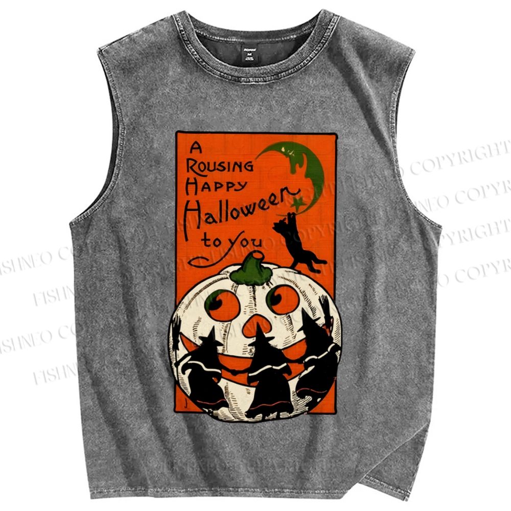 Unisex Vintage Halloween Pumpkin Printed Washed Tank Top