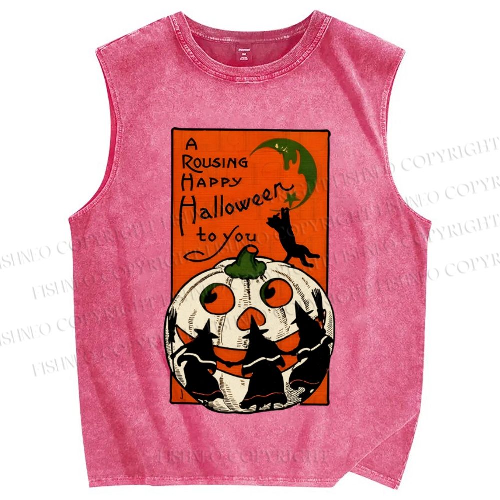 Unisex Vintage Halloween Pumpkin Printed Washed Tank Top