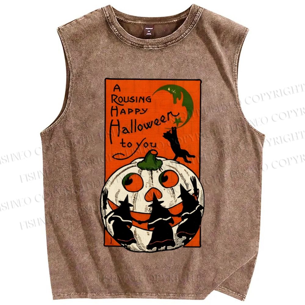 Unisex Vintage Halloween Pumpkin Printed Washed Tank Top