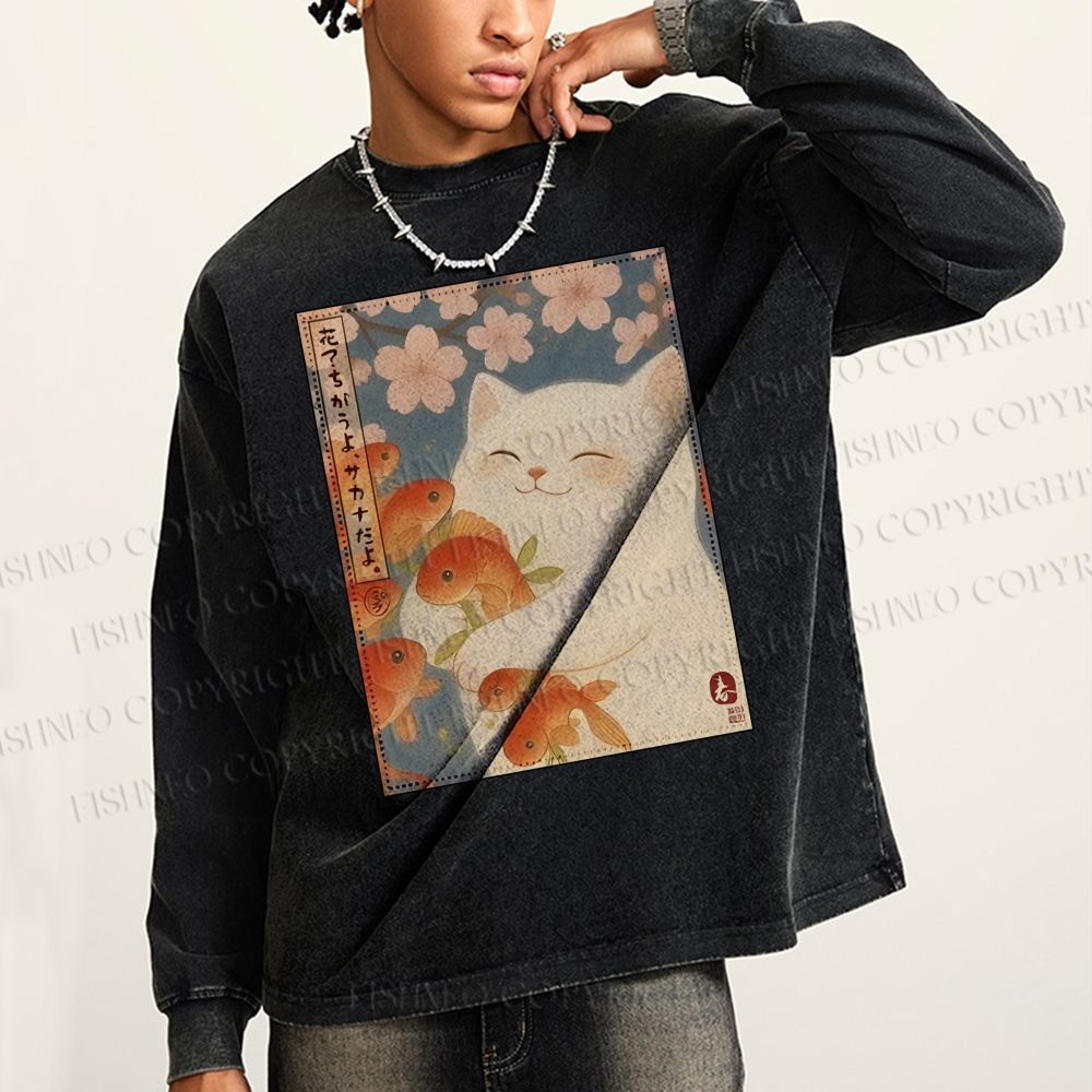 Unisex Casual Washed Vintage Koi Fish Cat Printed Long Sleeve T-shirt