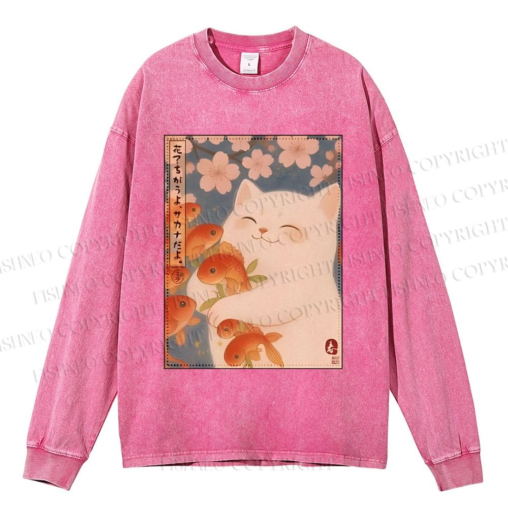 Unisex Casual Washed Vintage Koi Fish Cat Printed Long Sleeve T-shirt