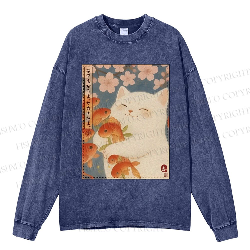 Unisex Casual Washed Vintage Koi Fish Cat Printed Long Sleeve T-shirt