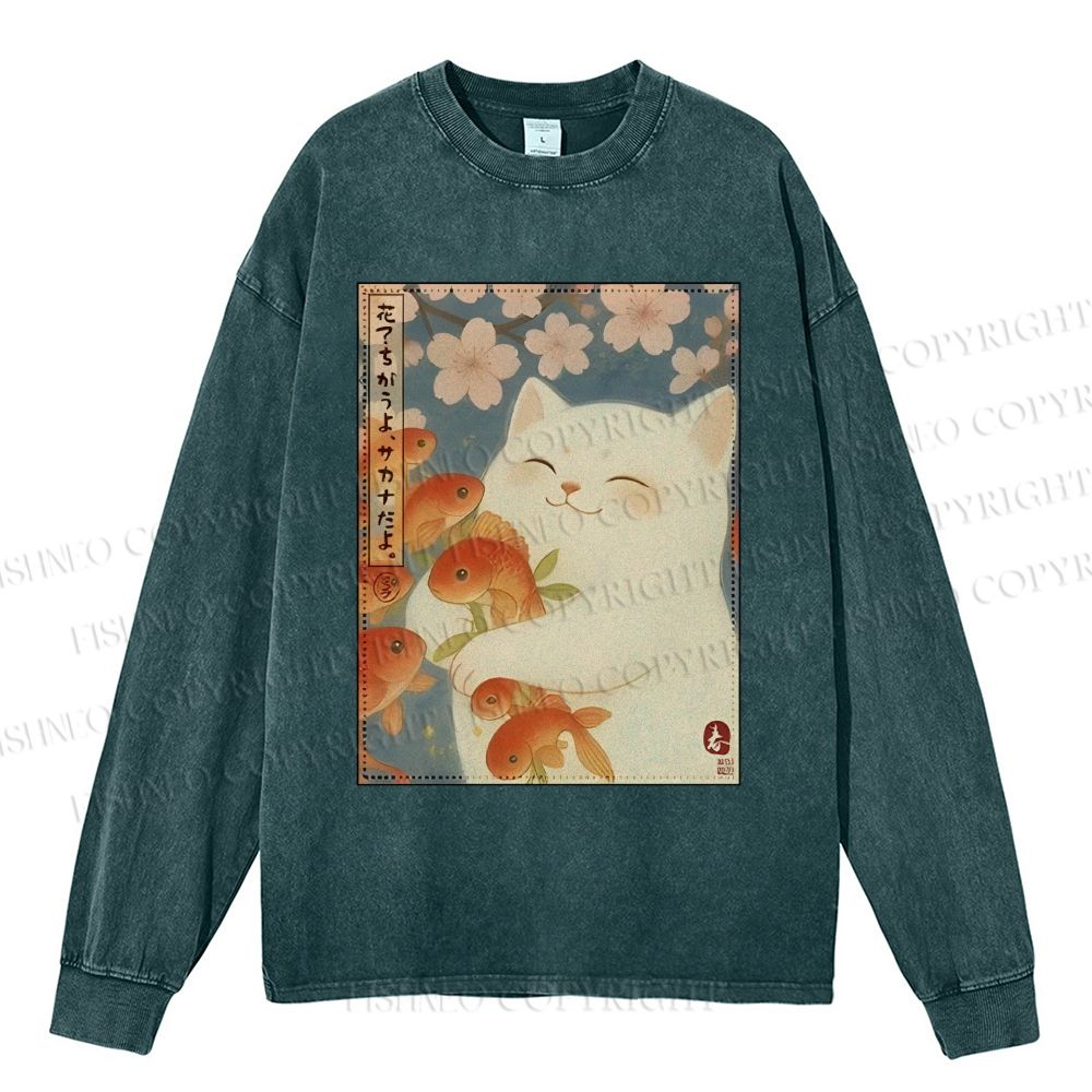 Unisex Casual Washed Vintage Koi Fish Cat Printed Long Sleeve T-shirt