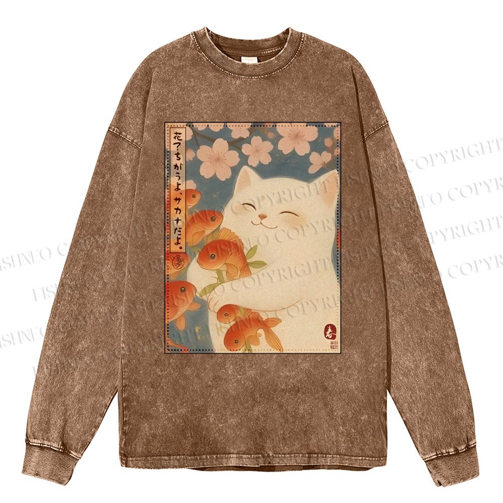 Unisex Casual Washed Vintage Koi Fish Cat Printed Long Sleeve T-shirt