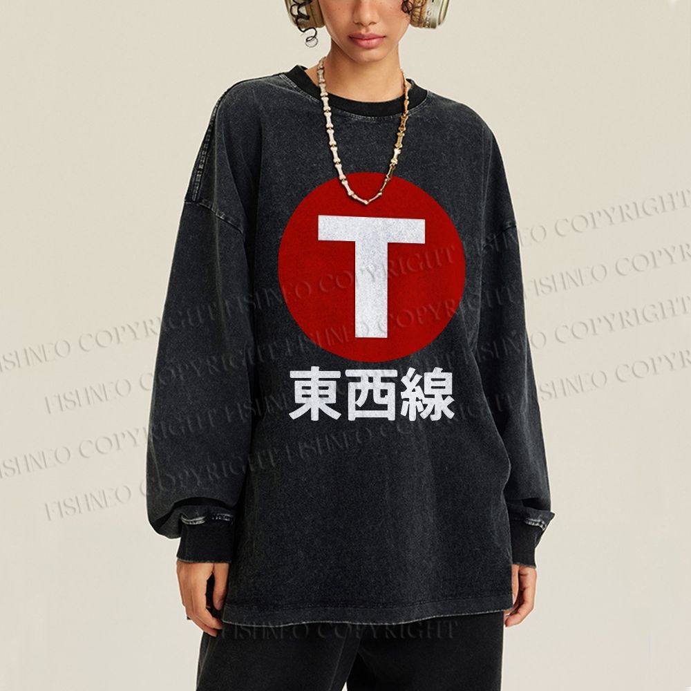 Unisex Casual Washed Japanese Tōzai East-West Line Printed Long Sleeve T-shirt