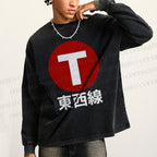 Unisex Casual Washed Japanese Tōzai East-West Line Printed Long Sleeve T-shirt