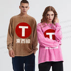 Unisex Casual Washed Japanese Tōzai East-West Line Printed Long Sleeve T-shirt