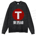 Unisex Casual Washed Japanese Tōzai East-West Line Printed Long Sleeve T-shirt