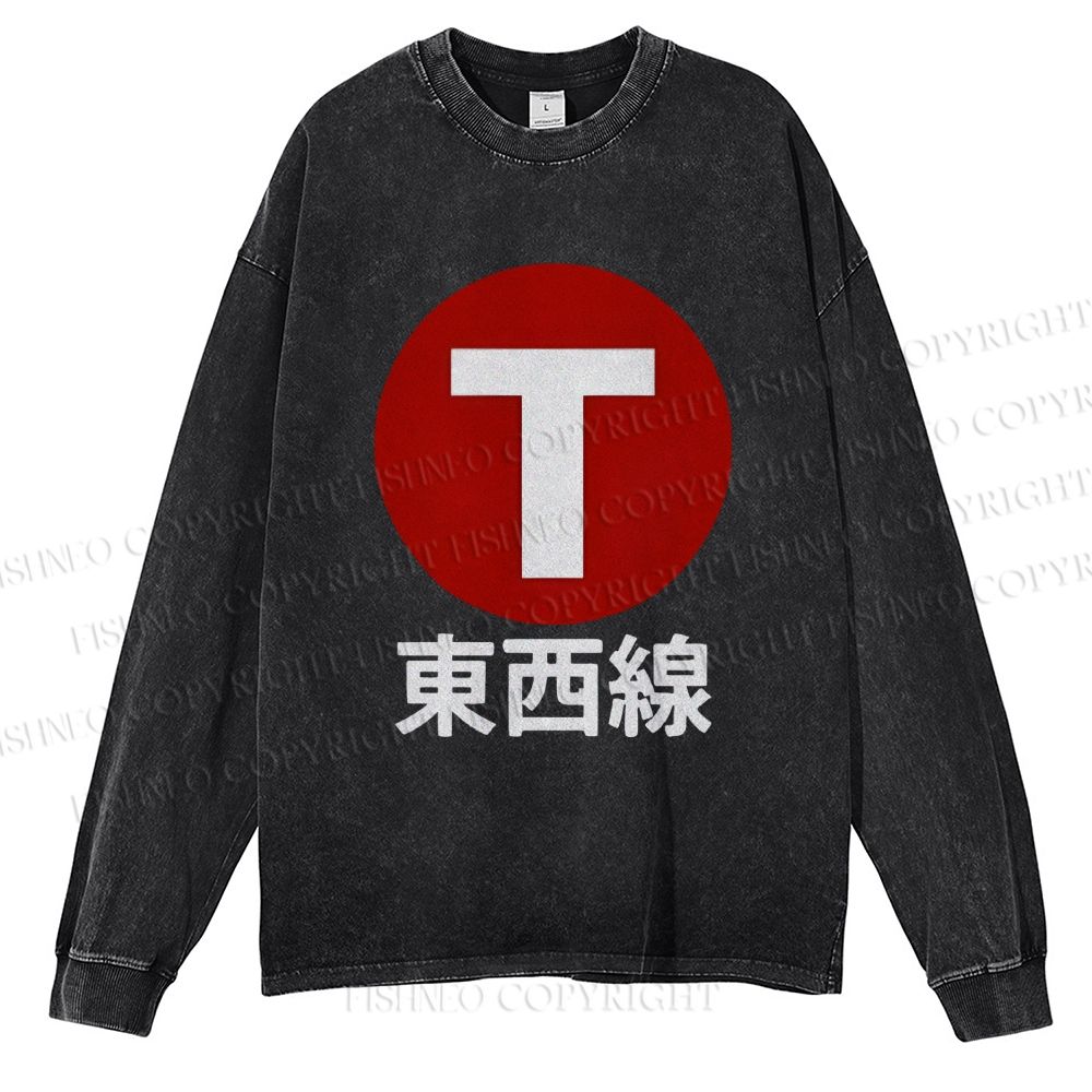 Unisex Casual Washed Japanese Tōzai East-West Line Printed Long Sleeve T-shirt