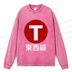 Unisex Casual Washed Japanese Tōzai East-West Line Printed Long Sleeve T-shirt