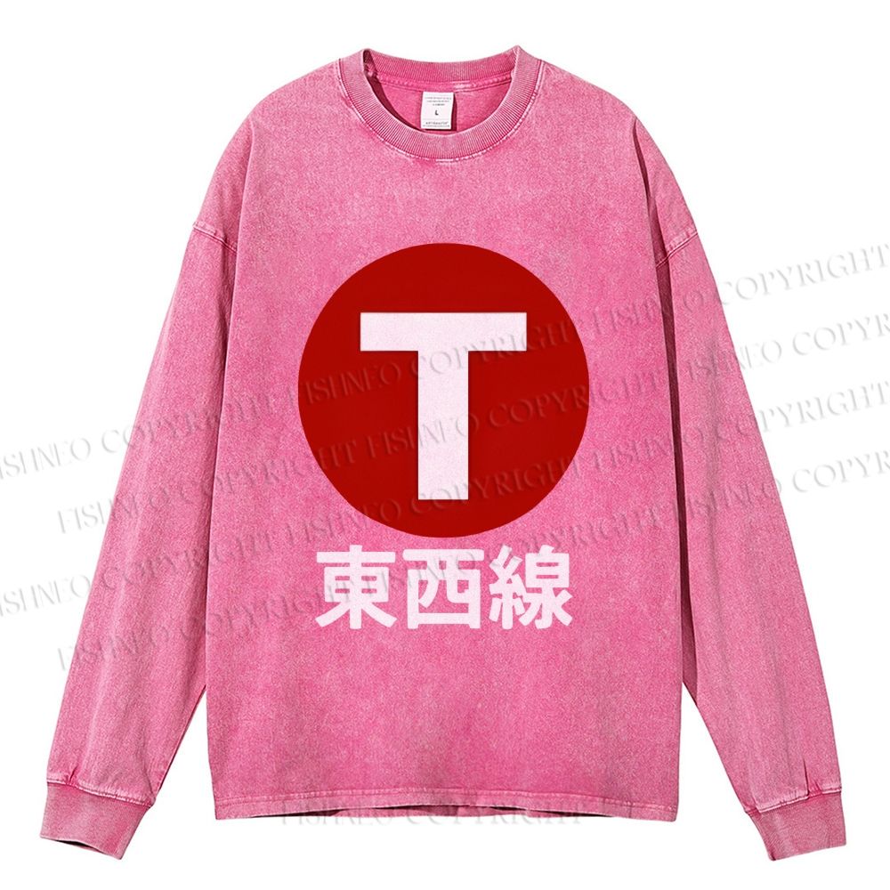 Unisex Casual Washed Japanese Tōzai East-West Line Printed Long Sleeve T-shirt