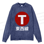 Unisex Casual Washed Japanese Tōzai East-West Line Printed Long Sleeve T-shirt