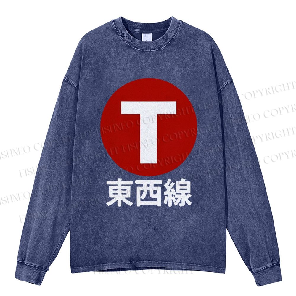 Unisex Casual Washed Japanese Tōzai East-West Line Printed Long Sleeve T-shirt