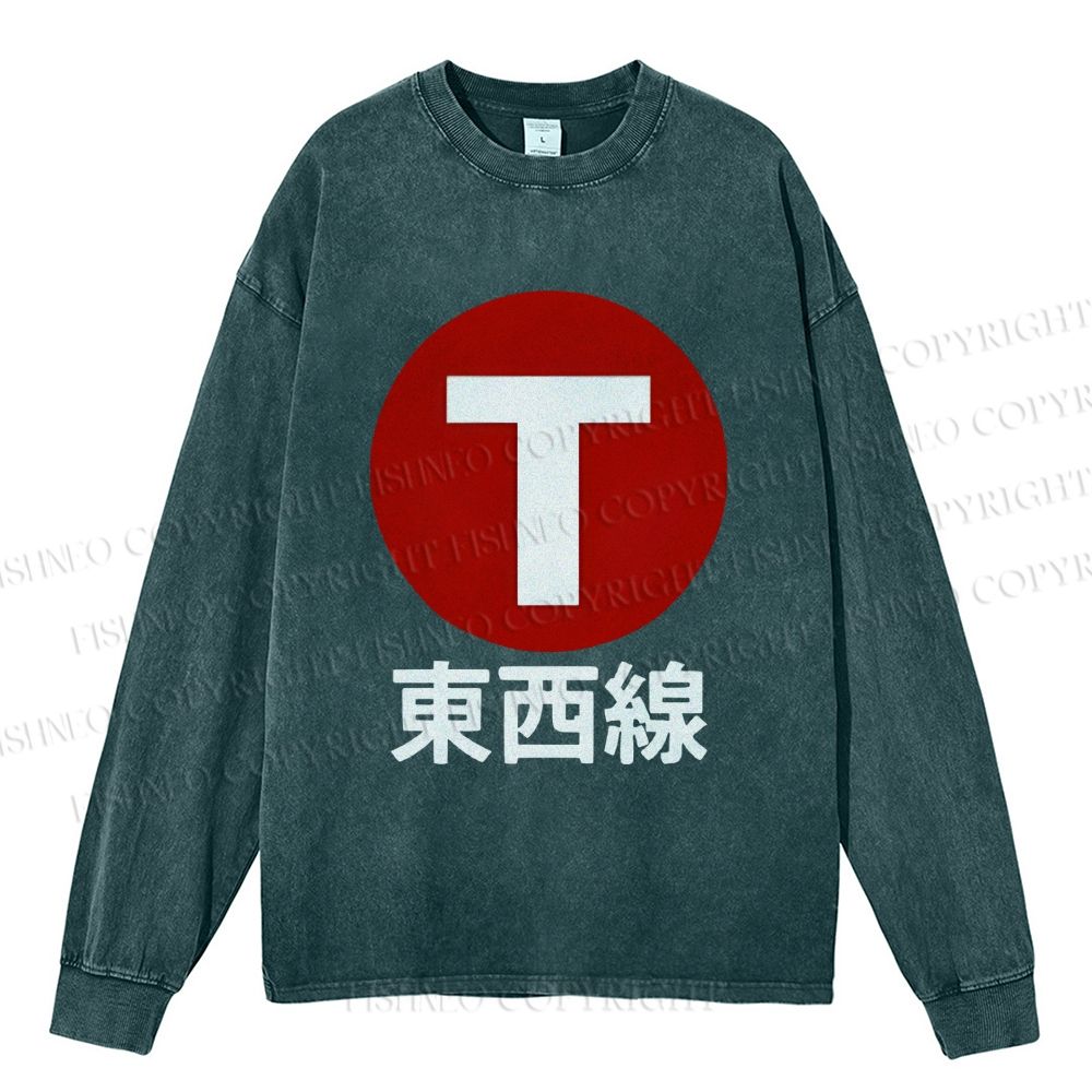 Unisex Casual Washed Japanese Tōzai East-West Line Printed Long Sleeve T-shirt