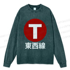 Unisex Casual Washed Japanese Tōzai East-West Line Printed Long Sleeve T-shirt