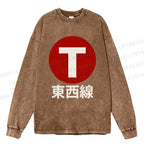 Unisex Casual Washed Japanese Tōzai East-West Line Printed Long Sleeve T-shirt