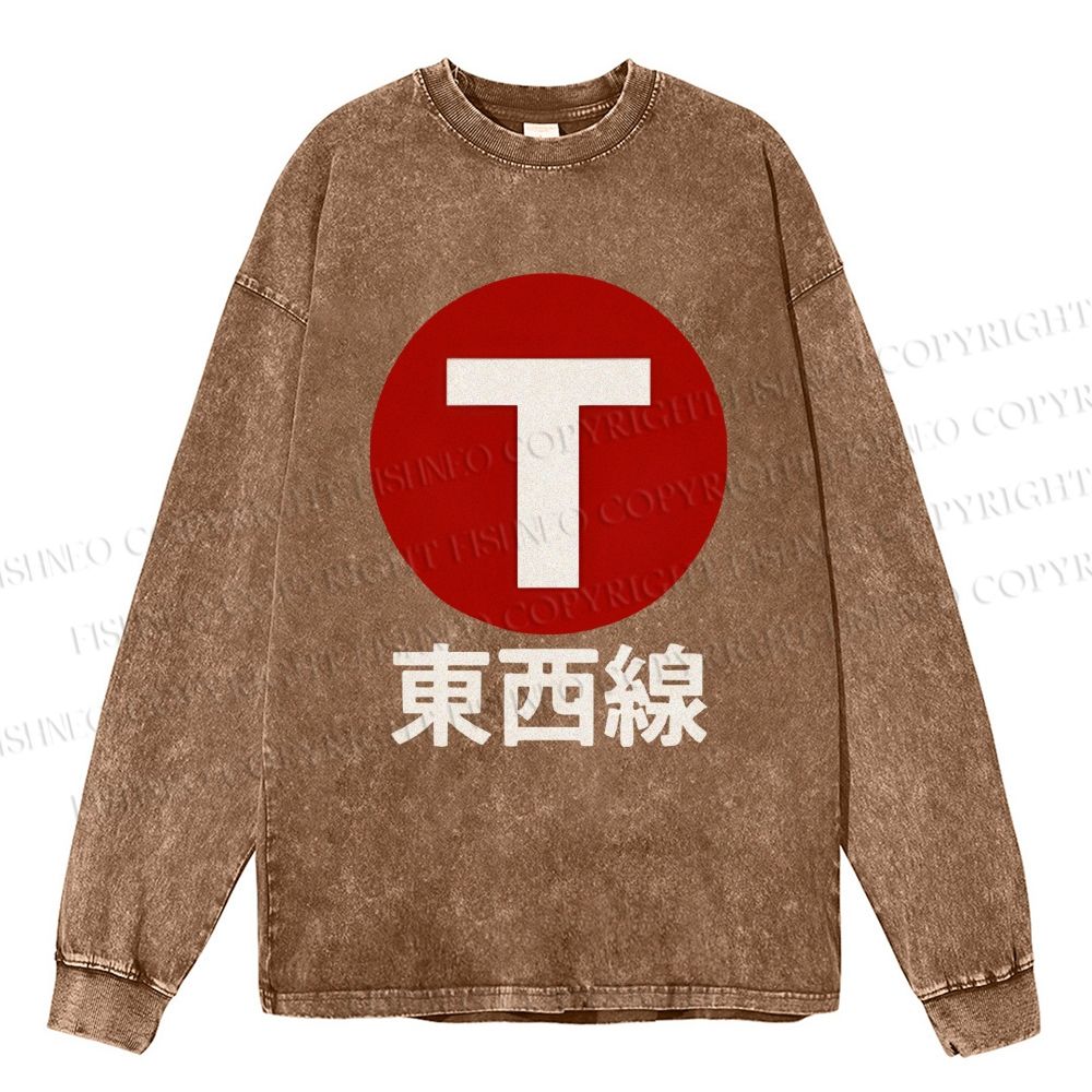 Unisex Casual Washed Japanese Tōzai East-West Line Printed Long Sleeve T-shirt