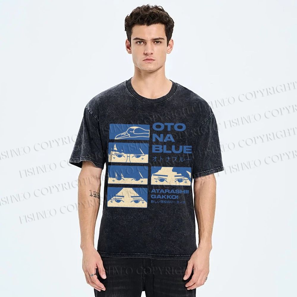 Unisex Otona Blue Printed Washed Tee