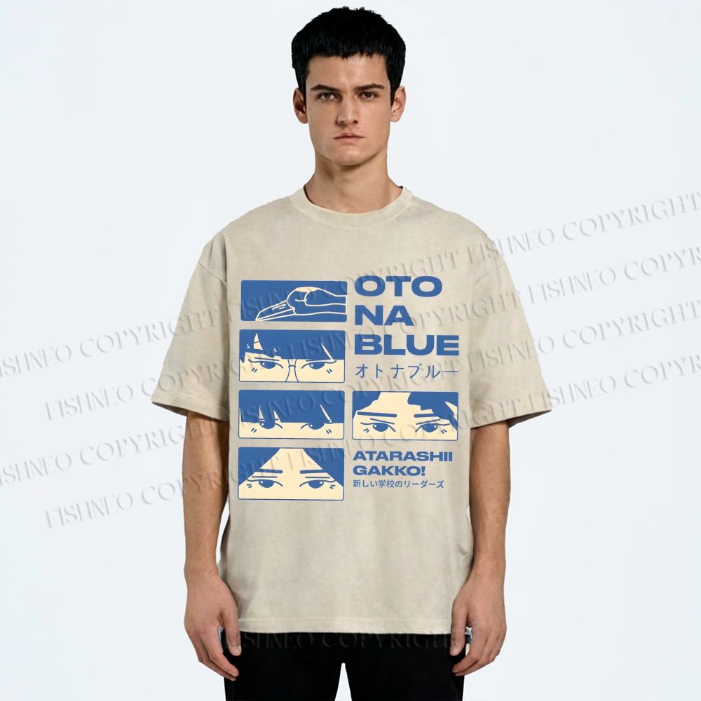 Unisex Otona Blue Printed Washed Tee