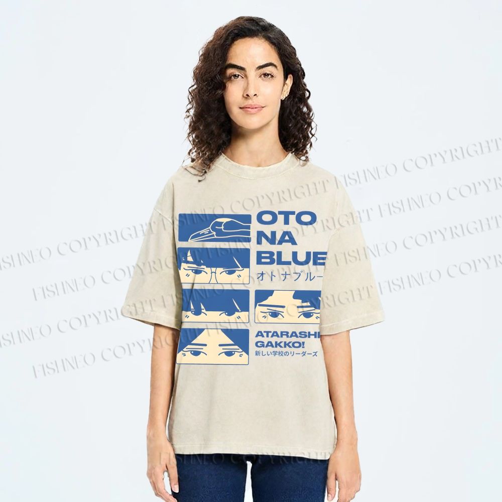 Unisex Otona Blue Printed Washed Tee