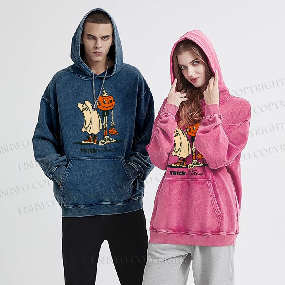 Unisex Casual Trick And Treat Printed Washed Hoodie