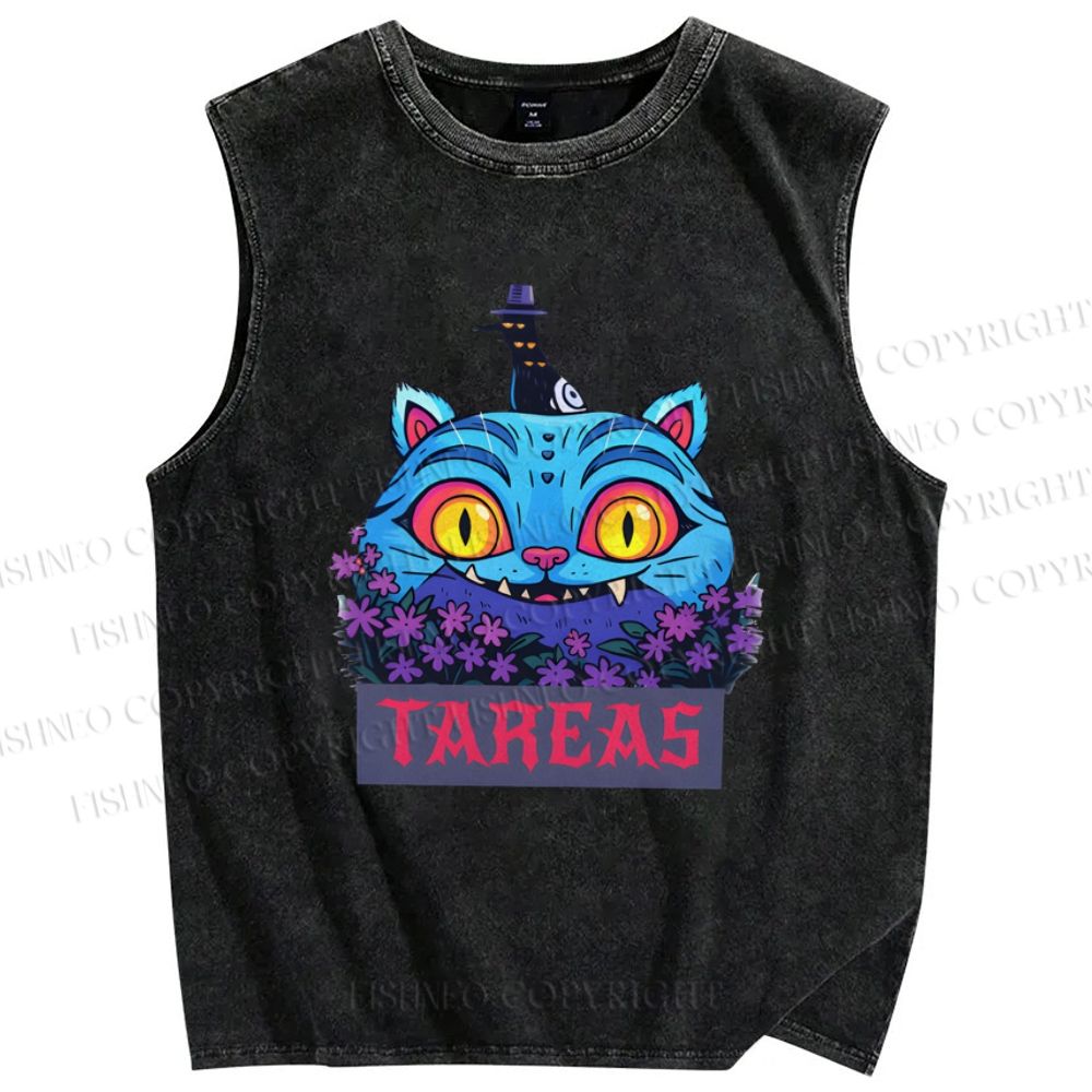 Unisex Halloween Cat Printed Washed Tank Top