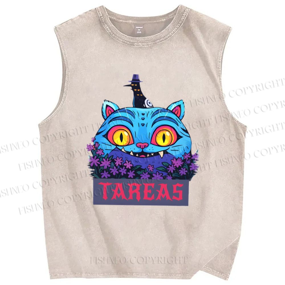 Unisex Halloween Cat Printed Washed Tank Top