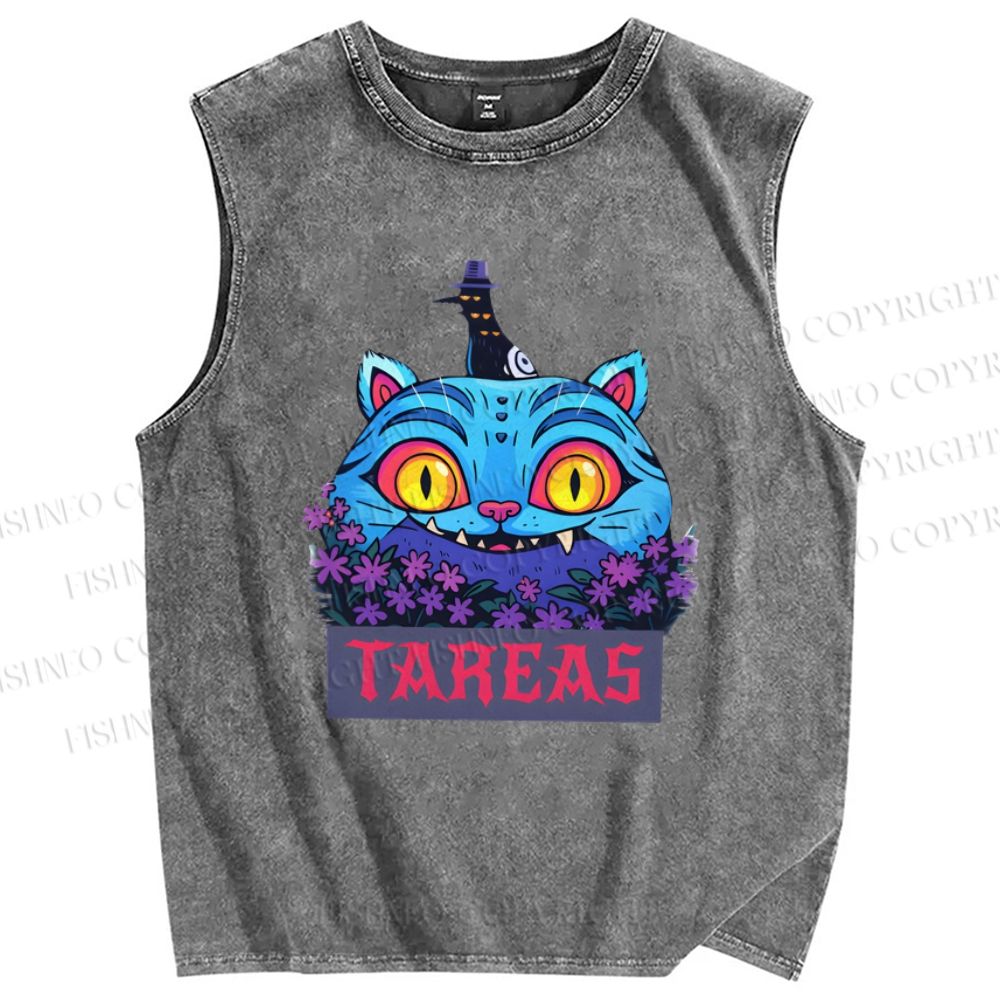 Unisex Halloween Cat Printed Washed Tank Top