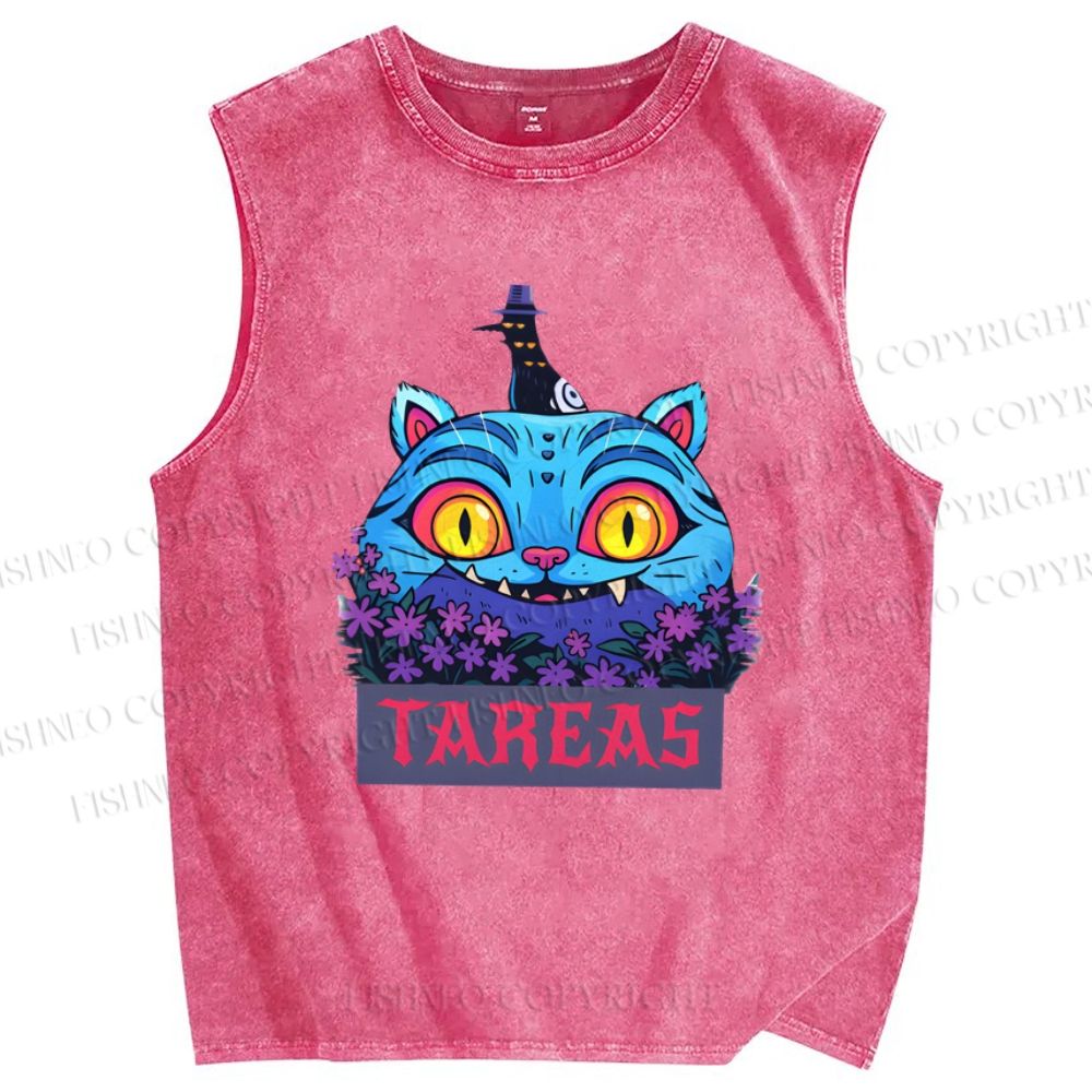 Unisex Halloween Cat Printed Washed Tank Top