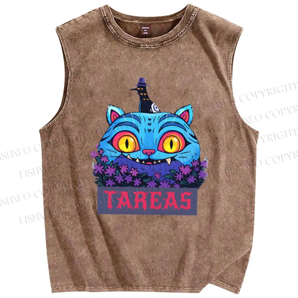 Unisex Halloween Cat Printed Washed Tank Top