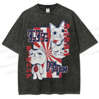 Unisex Lucky Cat Printed Washed Tee