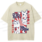 Unisex Lucky Cat Printed Washed Tee