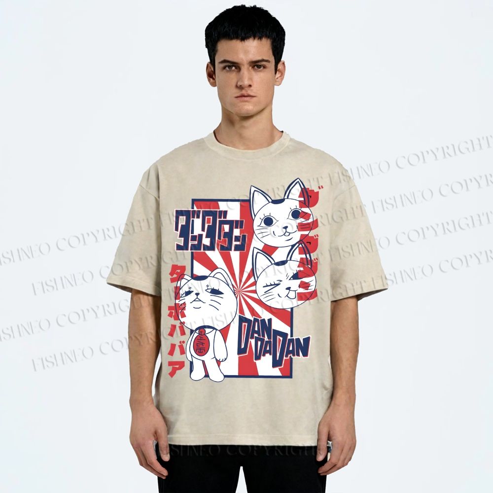 Unisex Lucky Cat Printed Washed Tee