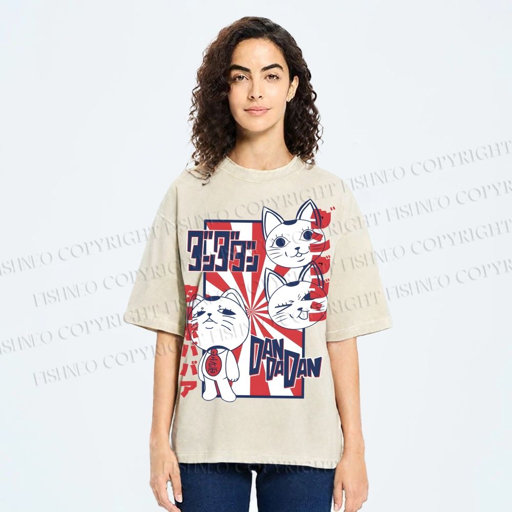 Unisex Lucky Cat Printed Washed Tee