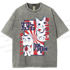 Unisex Lucky Cat Printed Washed Tee