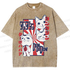 Unisex Lucky Cat Printed Washed Tee
