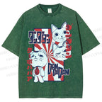 Unisex Lucky Cat Printed Washed Tee
