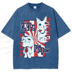 Unisex Lucky Cat Printed Washed Tee