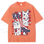 Unisex Lucky Cat Printed Washed Tee