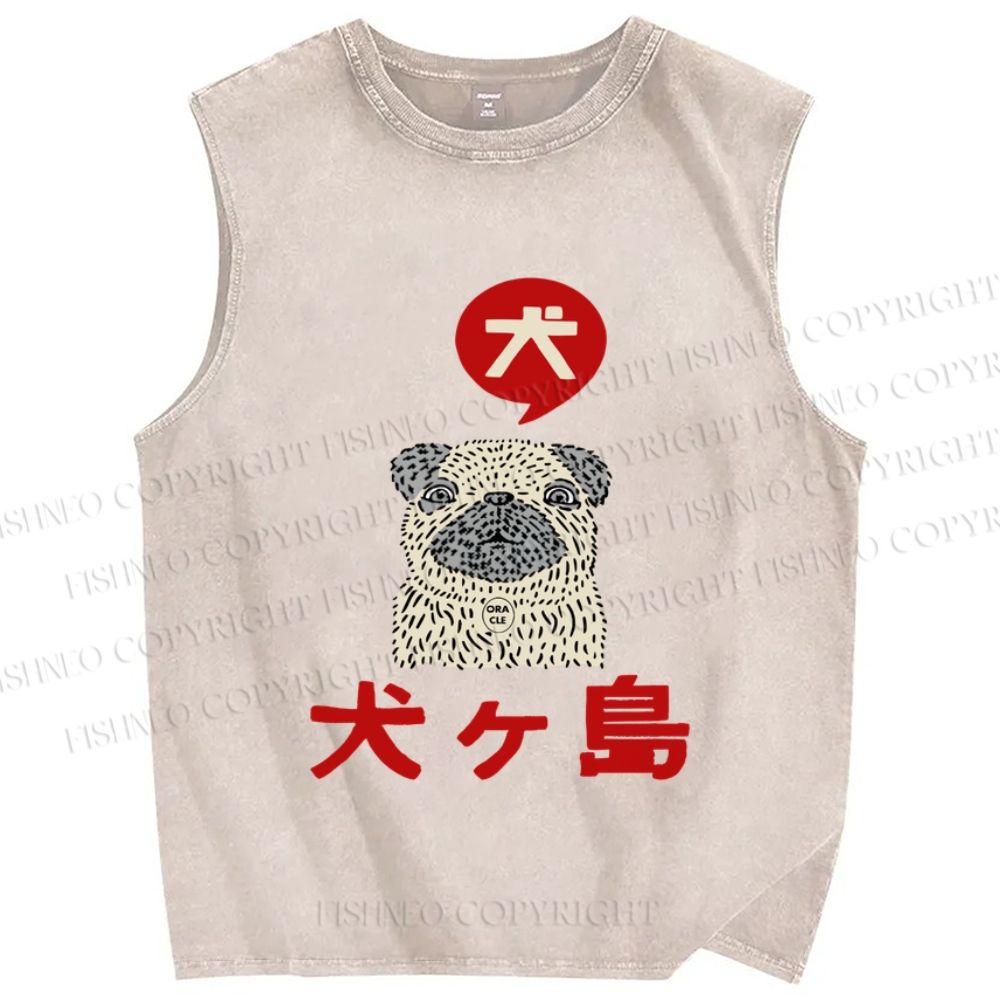 Unisex Vintage Japanese Dog Printed Washed Tank Top