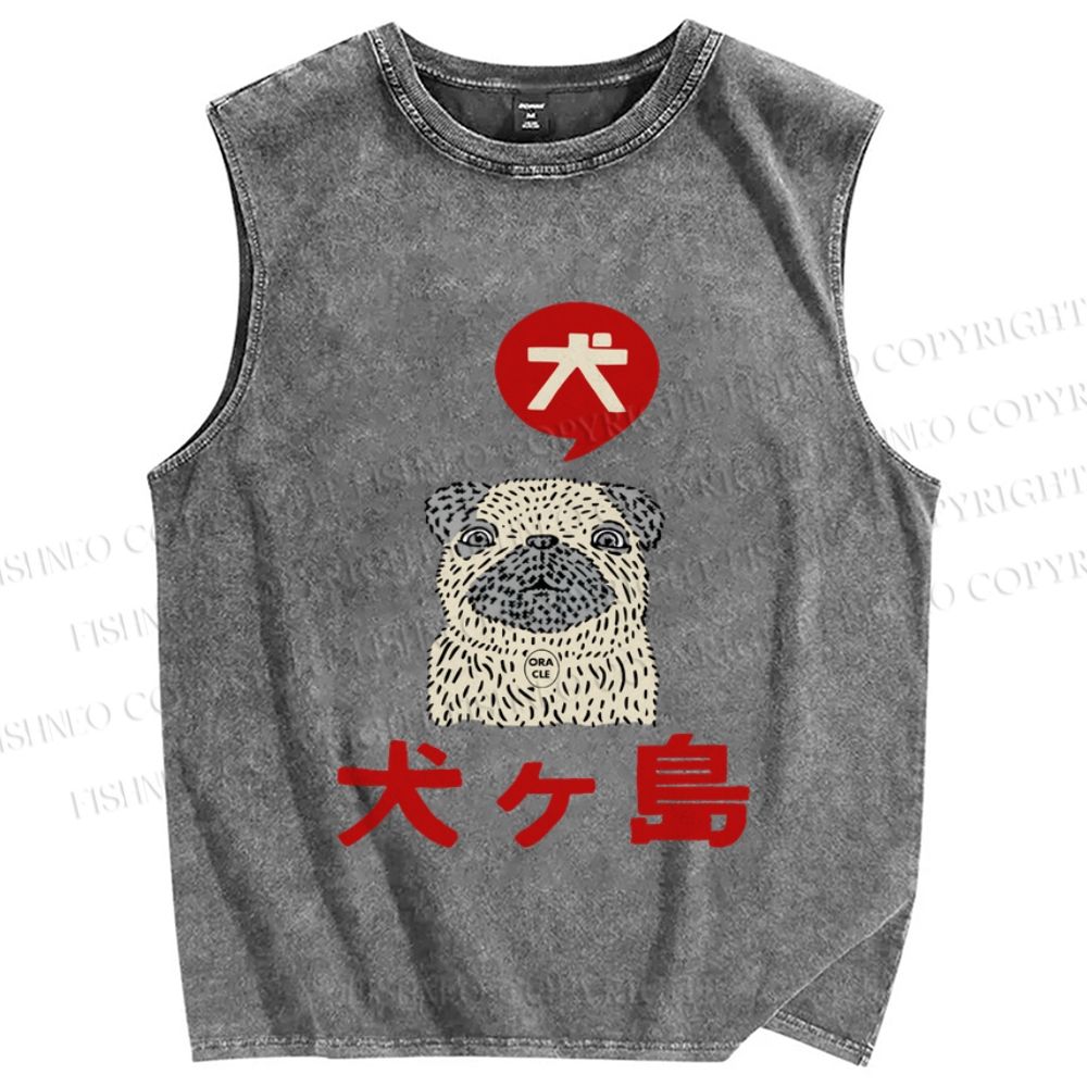 Unisex Vintage Japanese Dog Printed Washed Tank Top