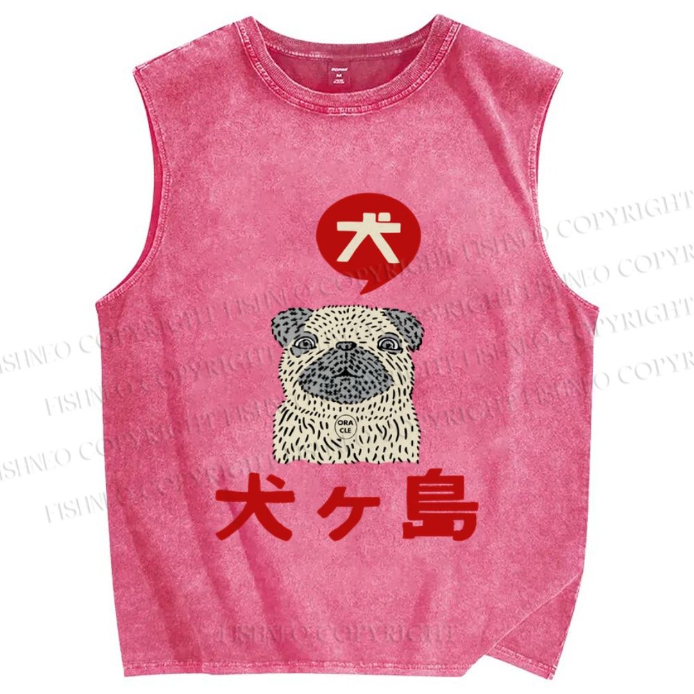 Unisex Vintage Japanese Dog Printed Washed Tank Top
