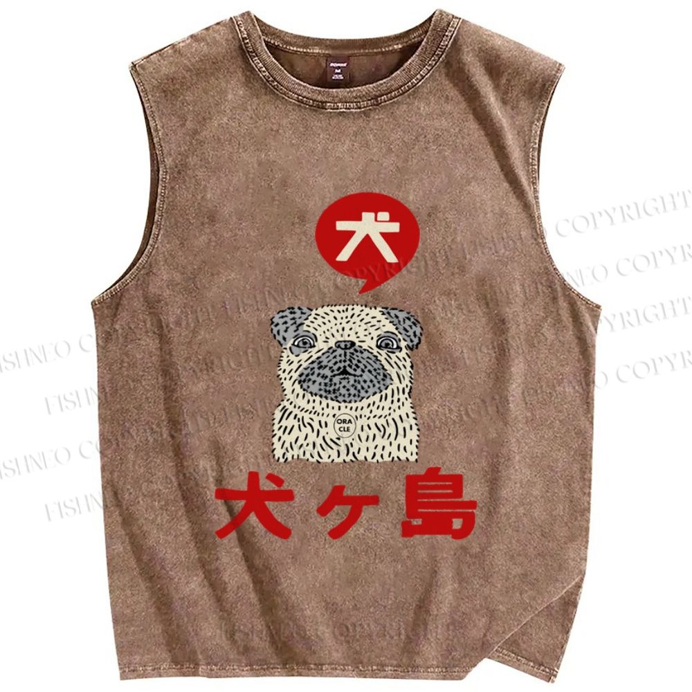 Unisex Vintage Japanese Dog Printed Washed Tank Top