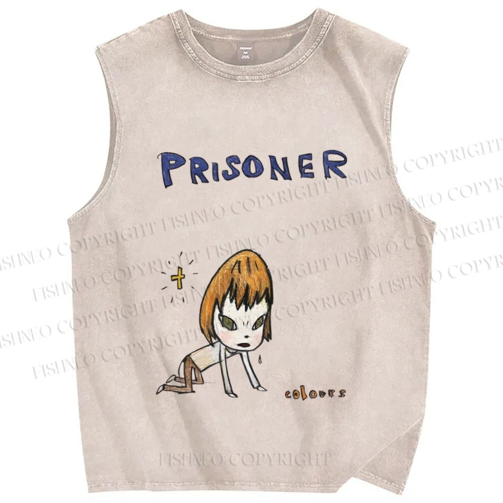 Unisex Japanese Art Yoshitomo Nara Prisoner Printed Washed Tank Top