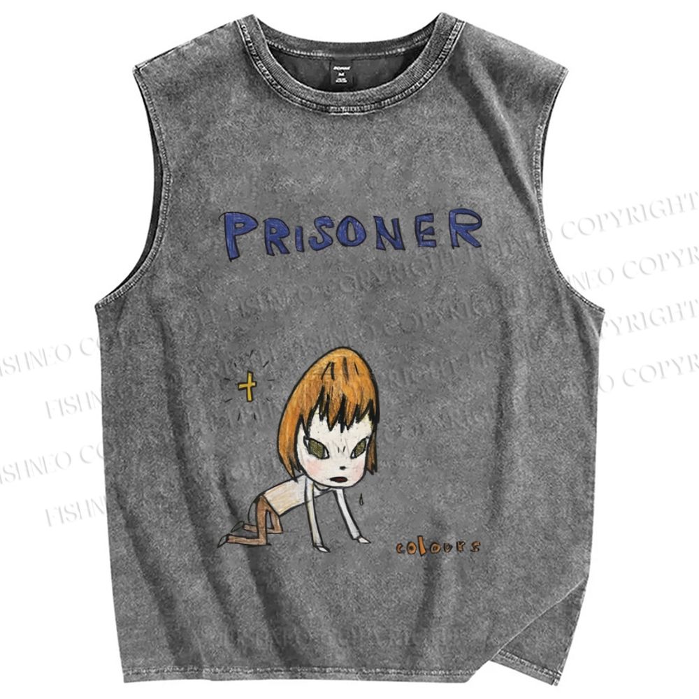 Unisex Japanese Art Yoshitomo Nara Prisoner Printed Washed Tank Top