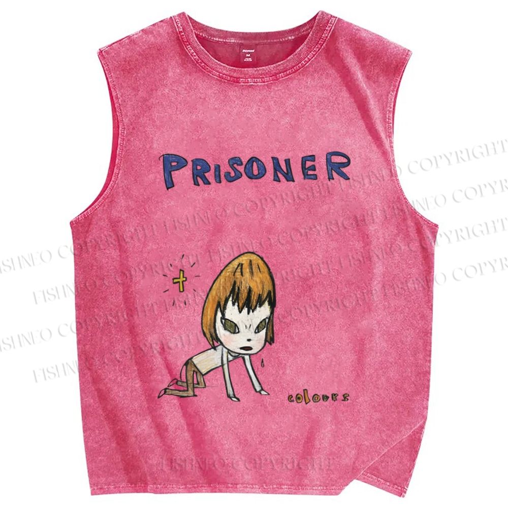 Unisex Japanese Art Yoshitomo Nara Prisoner Printed Washed Tank Top