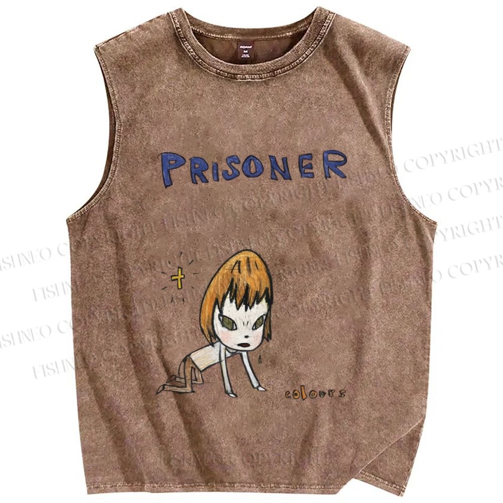 Unisex Japanese Art Yoshitomo Nara Prisoner Printed Washed Tank Top